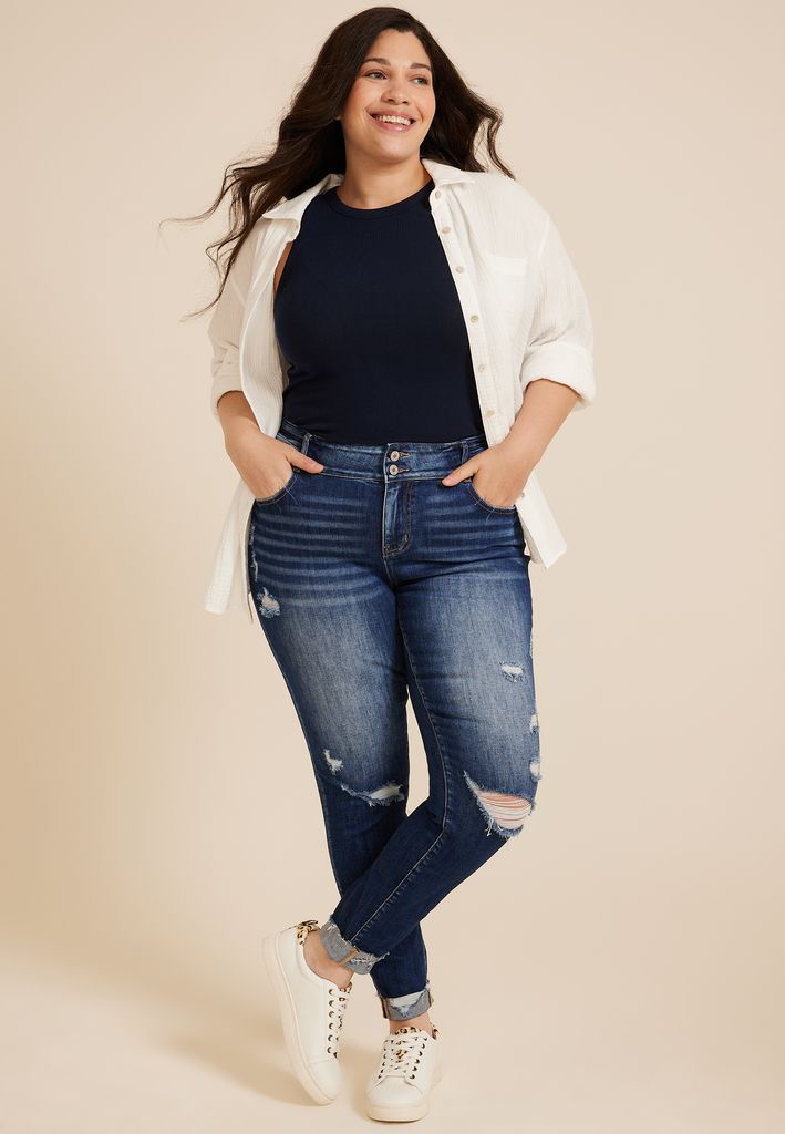 Plus Size KanCan™ Curvy Mid Rise Ripped Cuffed Hem Skinny Jean