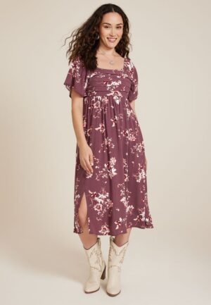 Floral Pleated Bodice Midi Dress