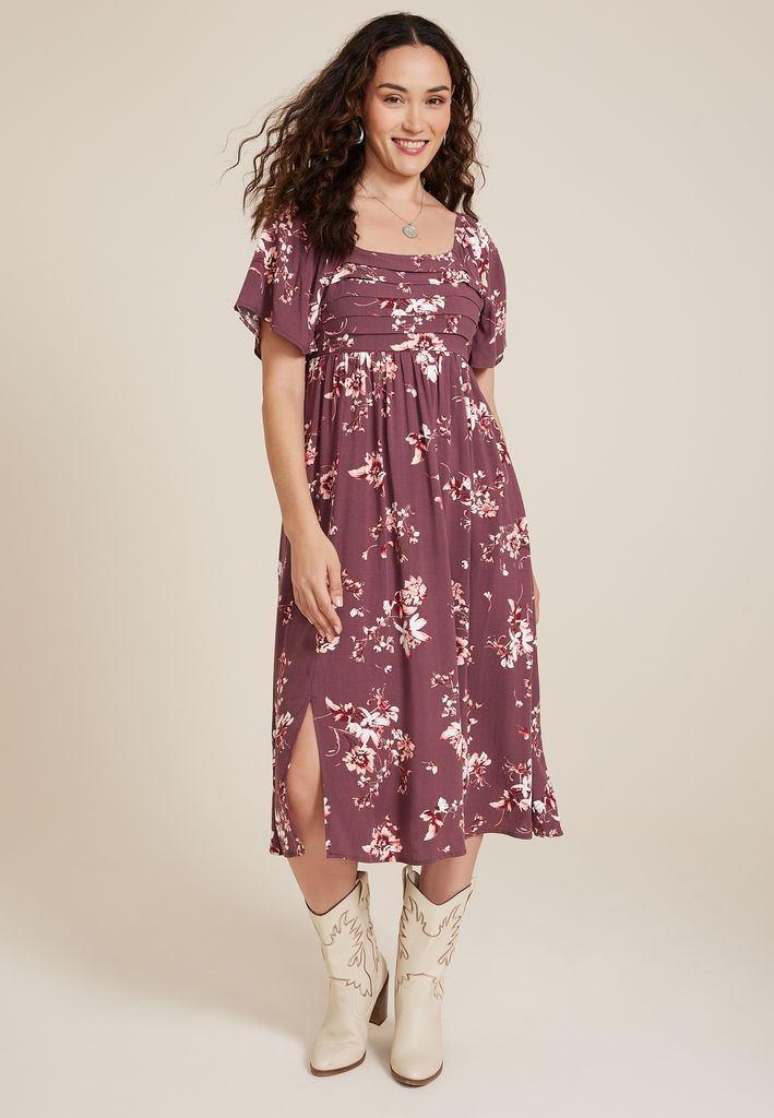Floral Pleated Bodice Midi Dress