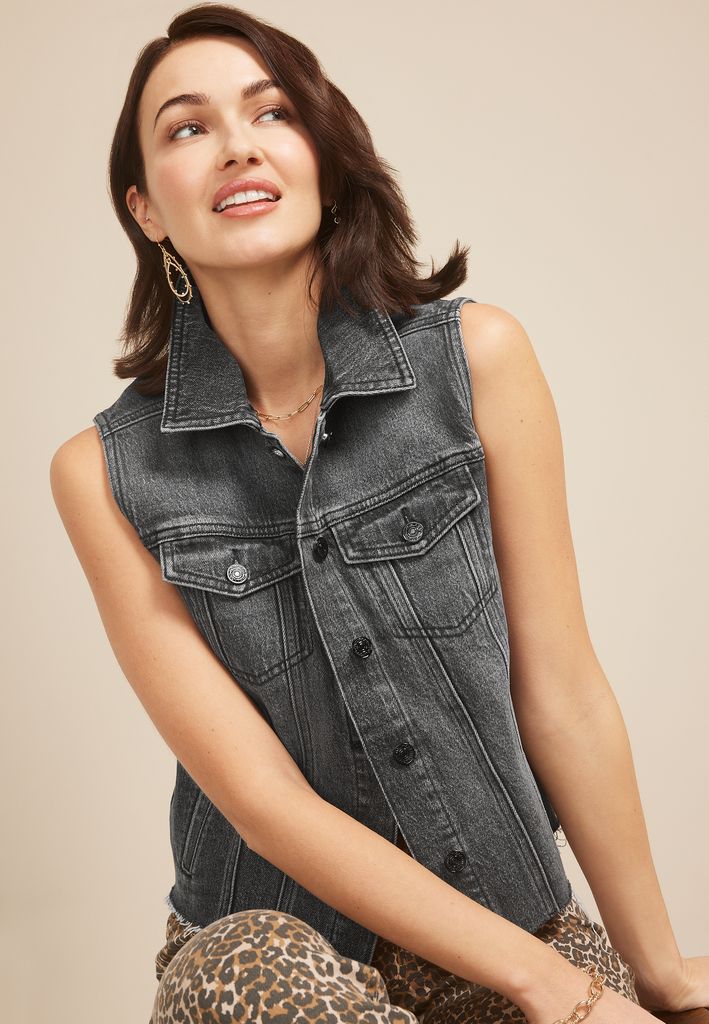 Black Raw Hem Denim Vest - Image 3