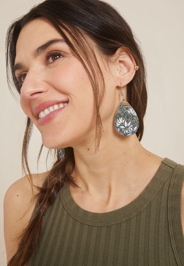 Floral Watercolor Wooden Teardrop Earrings - Image 2