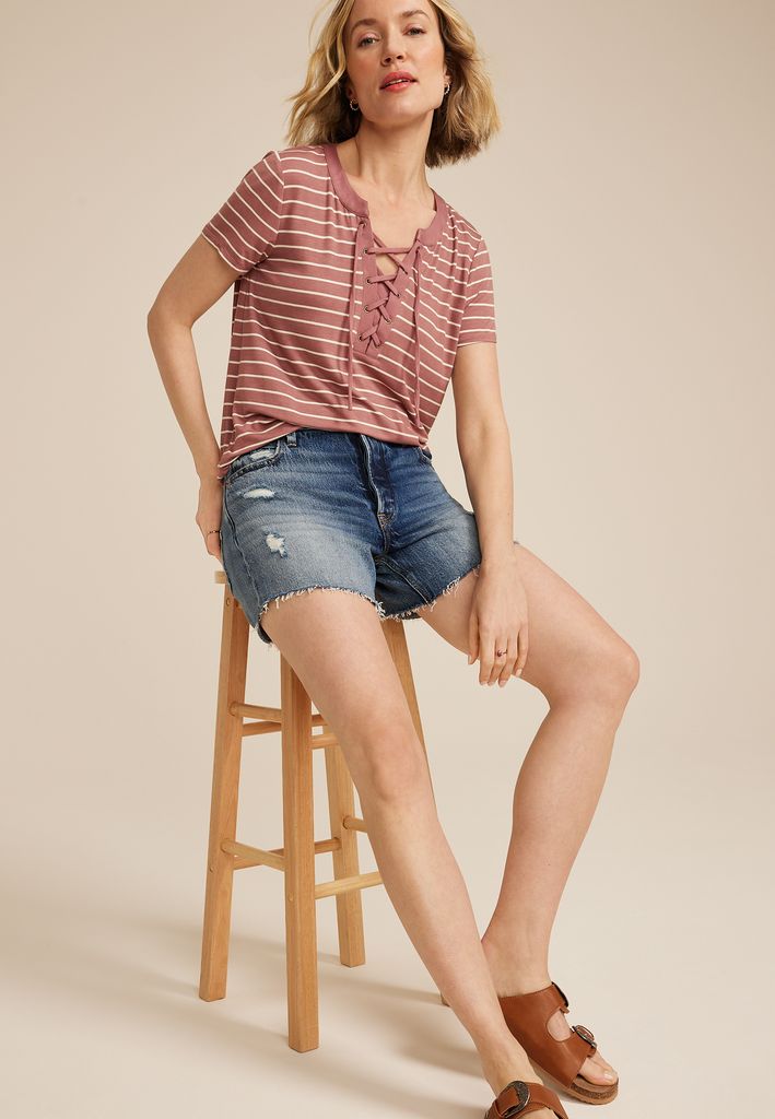 Striped Lattice Front Short Sleeve Tee - Image 3