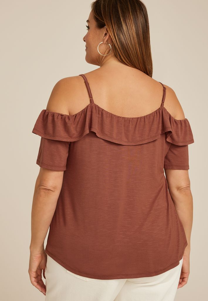 Plus Size Front Tie Cold Shoulder Top - Image 2