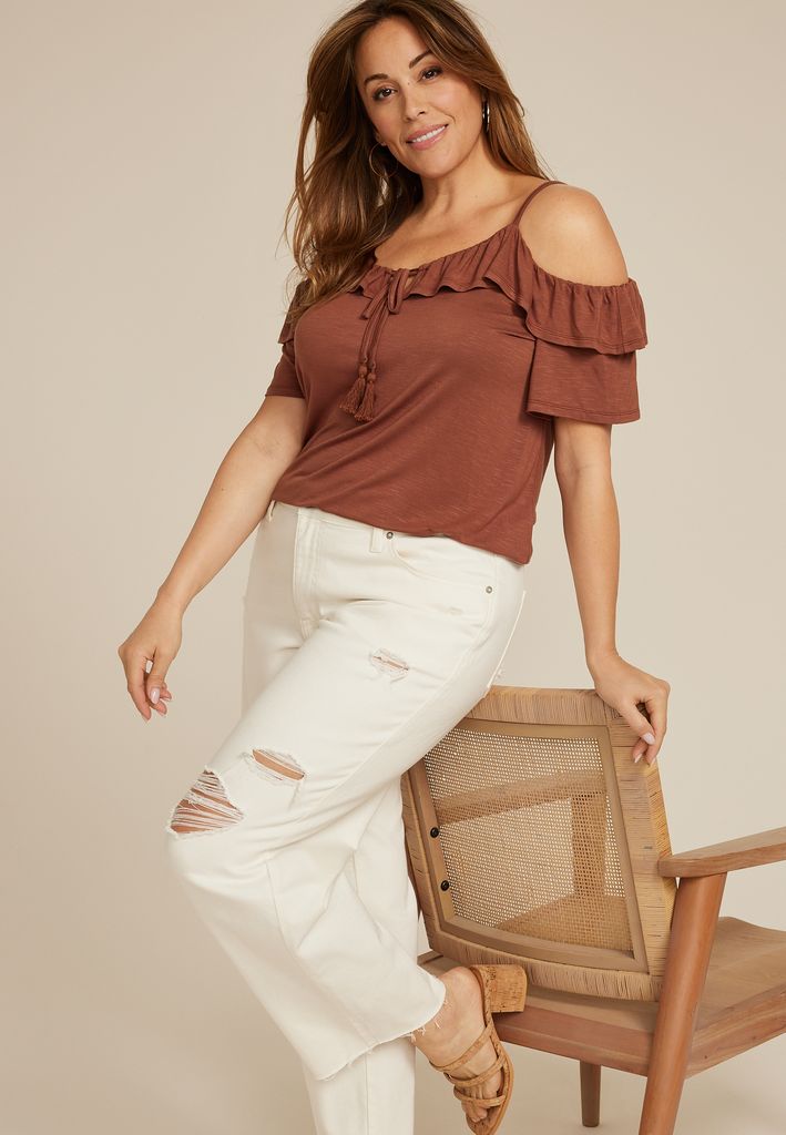 Plus Size Front Tie Cold Shoulder Top - Image 3