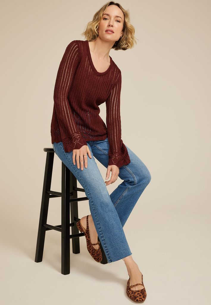 Open Stitch Bell Sleeve Sweater - Image 3