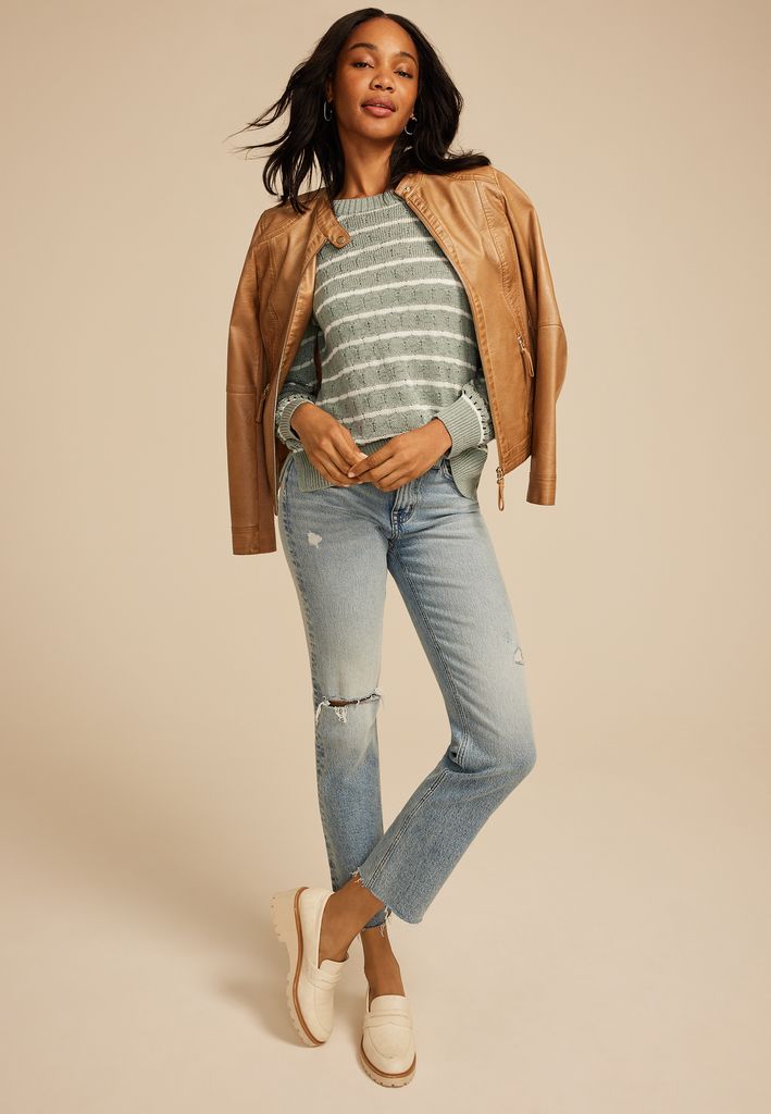 Pointelle Striped Crew Neck Sweater - Image 3