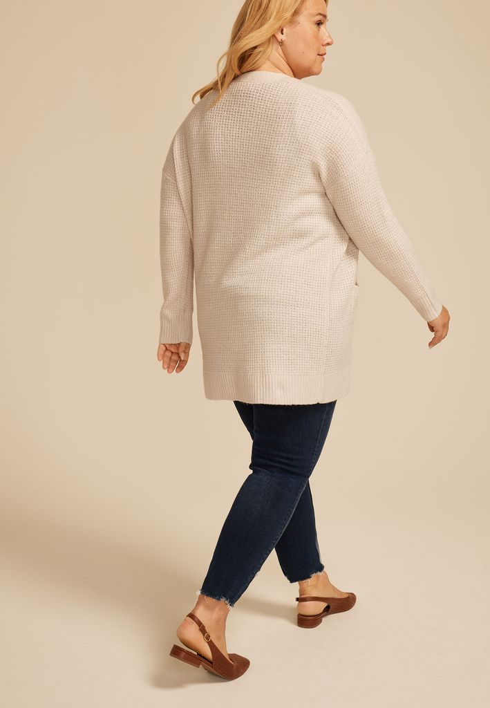 Plus Size 90s Waffle Knit Slouch Open Front Cardigan - Image 2