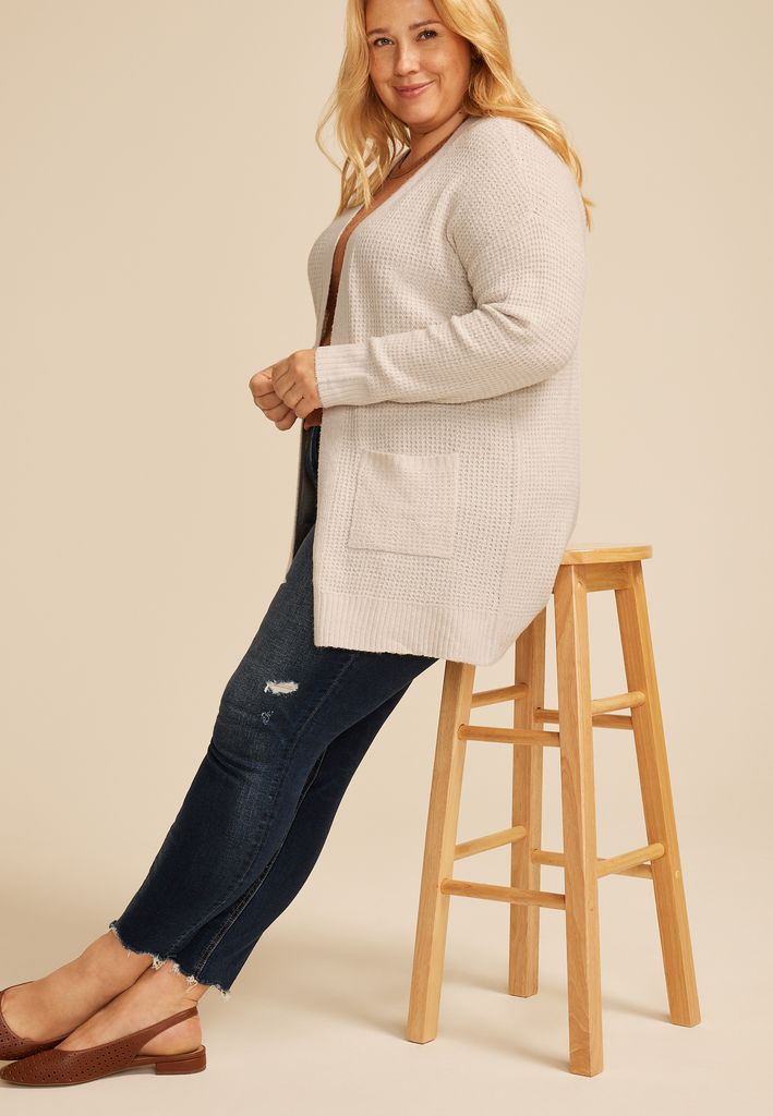 Plus Size 90s Waffle Knit Slouch Open Front Cardigan - Image 3