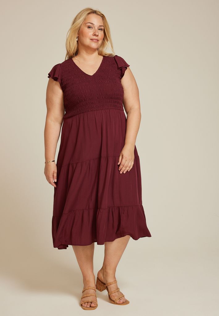 Plus Size Printed Flutter Sleeve Smocked Midi Dress