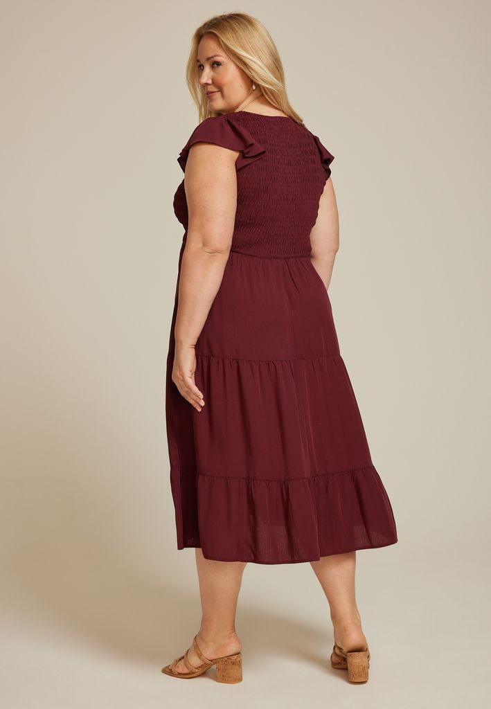 Plus Size Printed Flutter Sleeve Smocked Midi Dress - Image 2