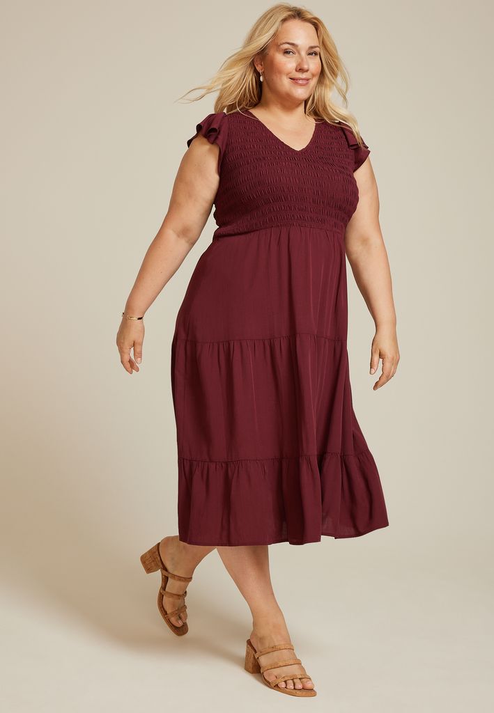 Plus Size Printed Flutter Sleeve Smocked Midi Dress - Image 3