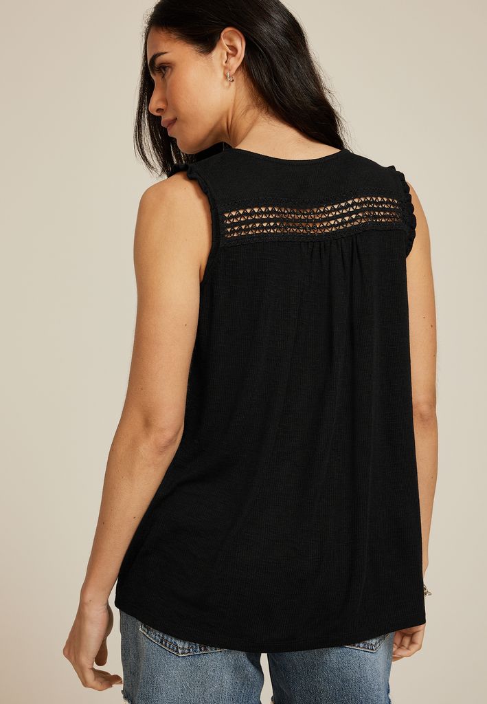 Black Crochet V Neck Tank Top - Image 2