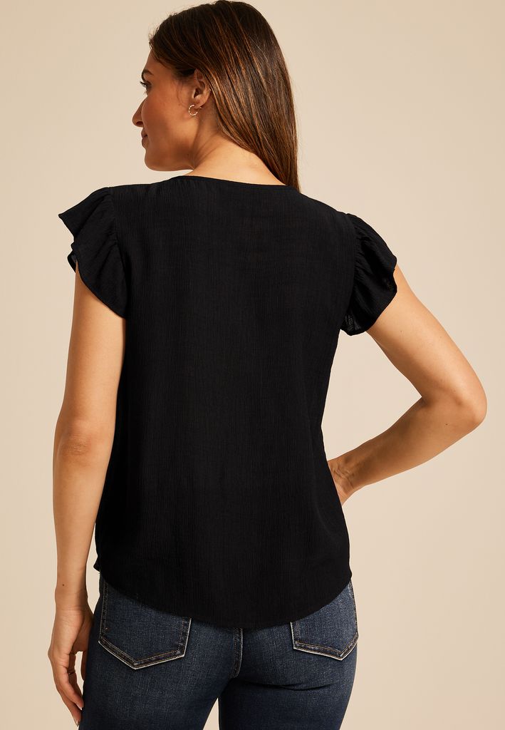 Embroidered Short Flutter Sleeve Tie Front Blouse - Image 2