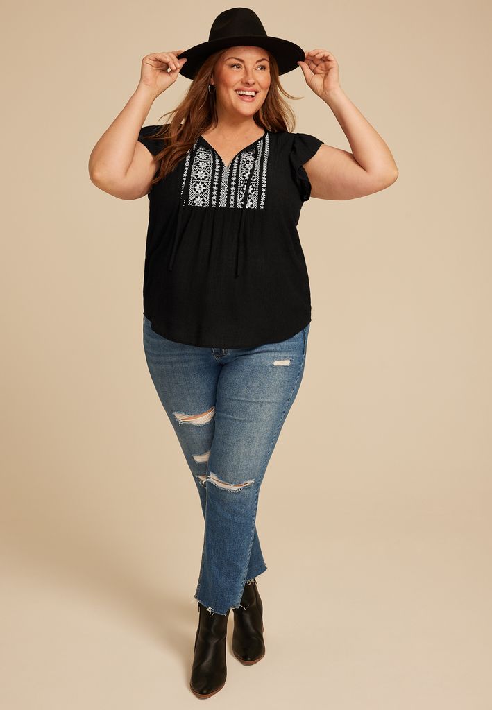 Plus Size Embroidered Short Flutter Sleeve Tie Front Blouse - Image 3