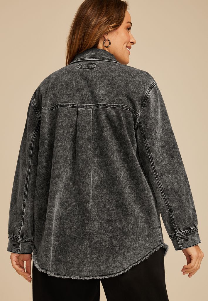 Plus Size Washed Black Fray Hem Shacket - Image 2