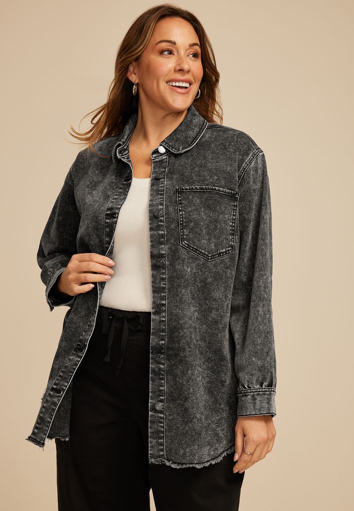 Plus Size Washed Black Fray Hem Shacket - Image 3