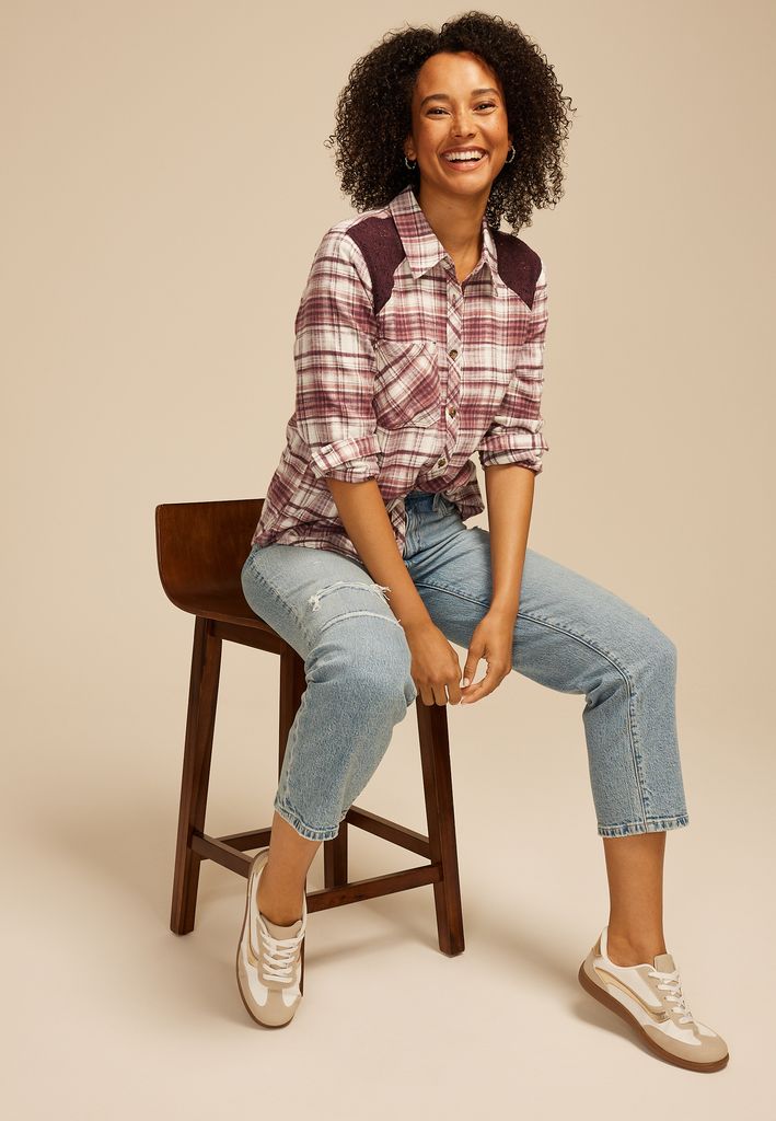 Plaid Lace Shoulder Button Down Shirt - Image 3