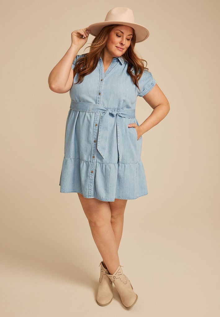 Plus Size Denim Tie Waist Short Sleeve Shirt Dress - Image 3