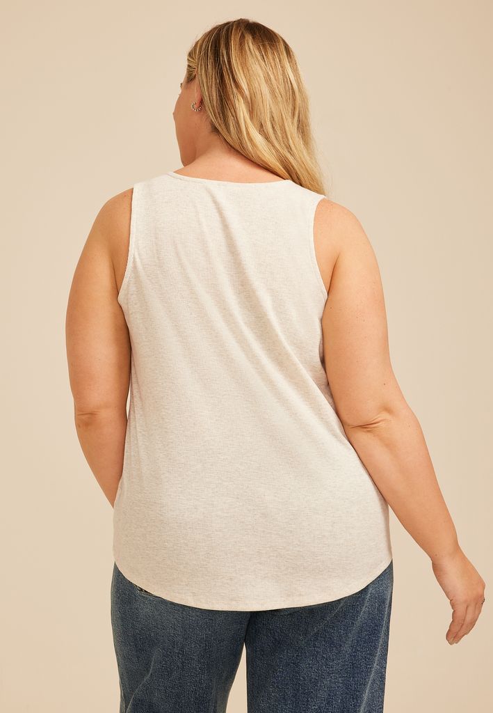 Plus Size Heathered Crochet Yoke Henley Tank Top - Image 2