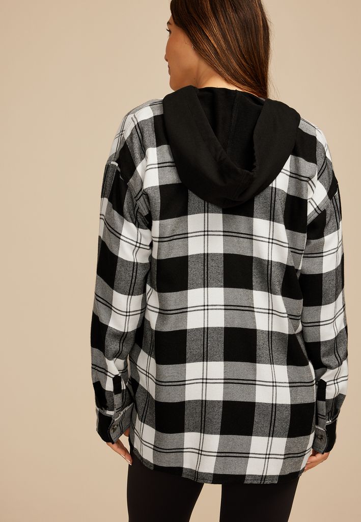 Plaid Hooded Boyfriend Button Down Shirt - Image 2