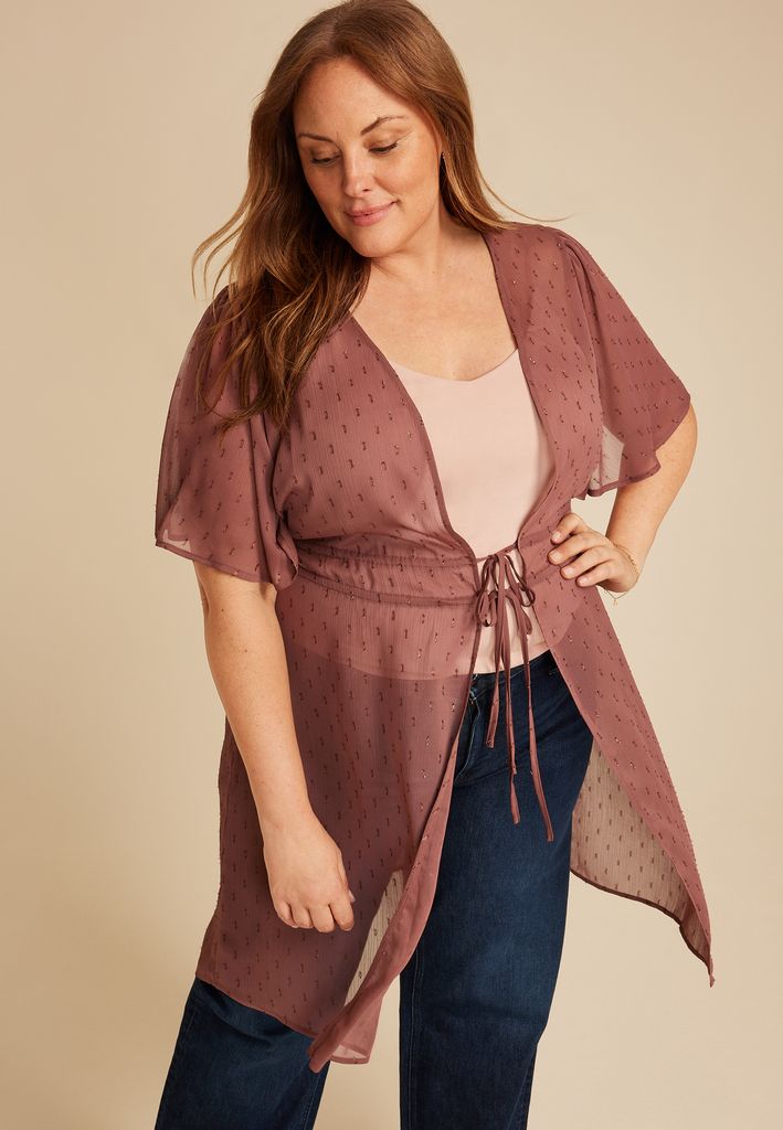 Plus Size Metallic Sparkle Tie Waist Kimono - Image 3