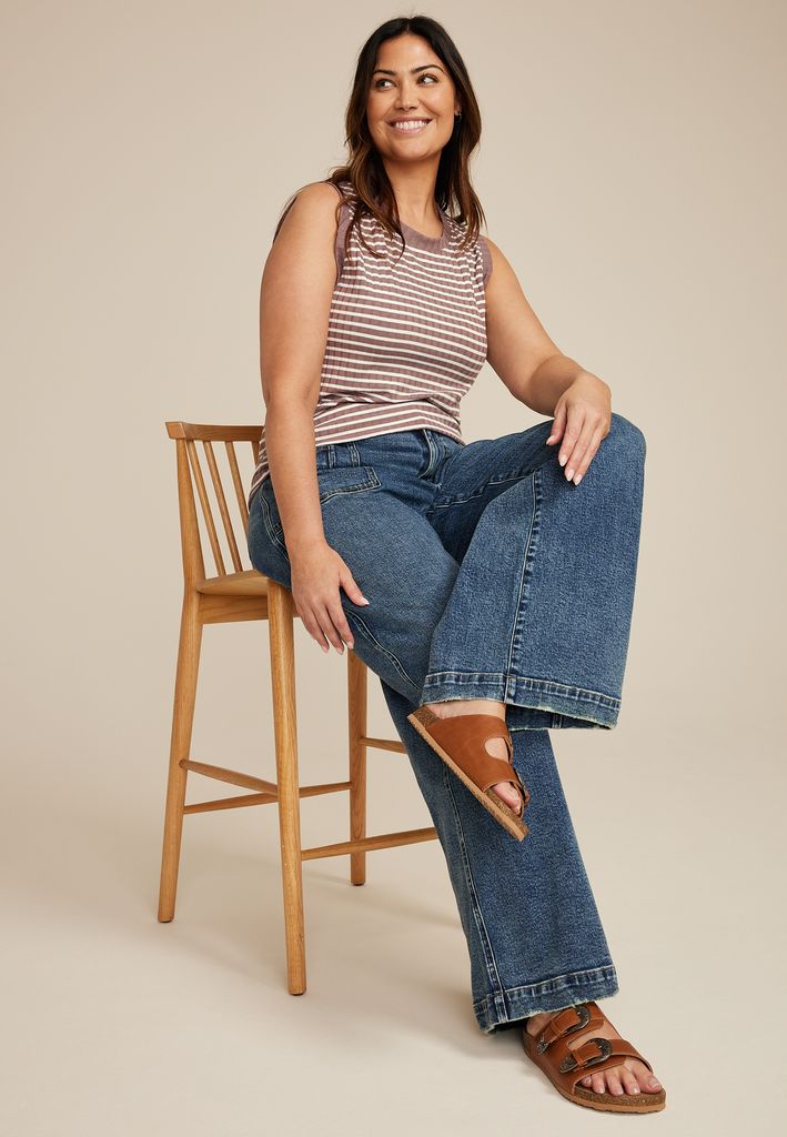 Plus Size Striped Ribbed Side Gusset Tank Top - Image 3