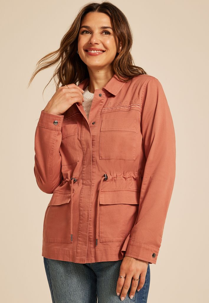 Embroidered Twill Cinched Waist Jacket
