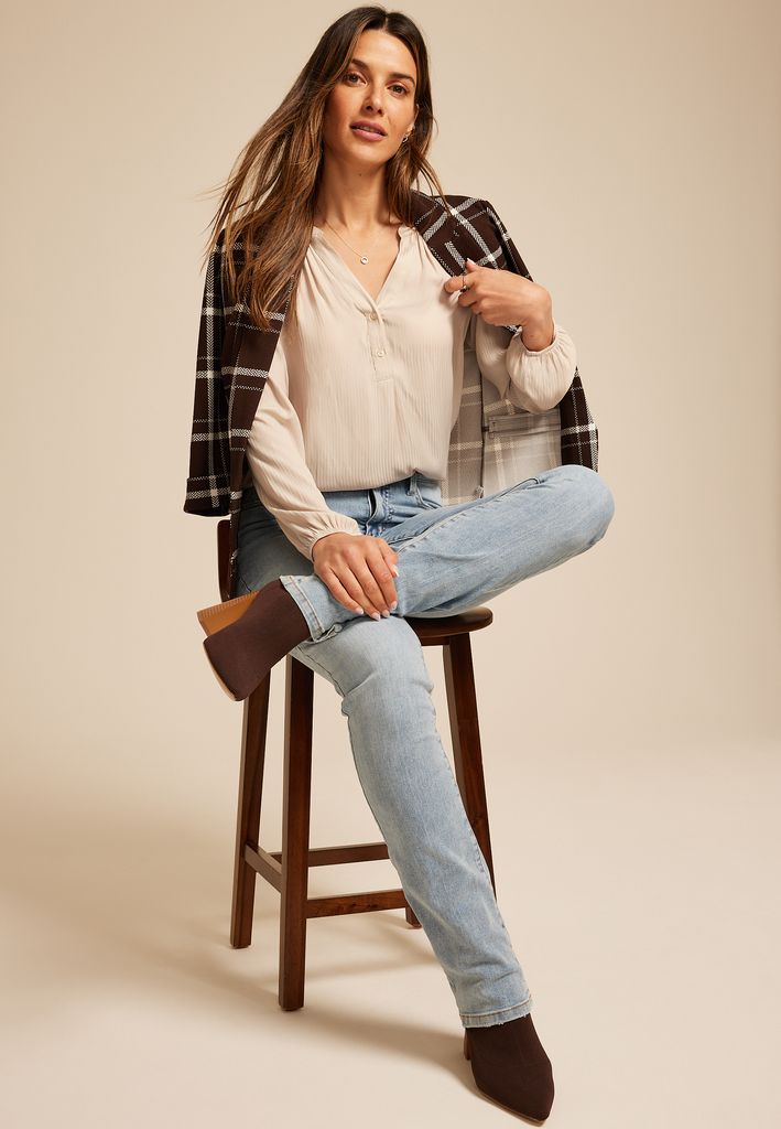 Striped Henley V Neck Blouse - Image 3