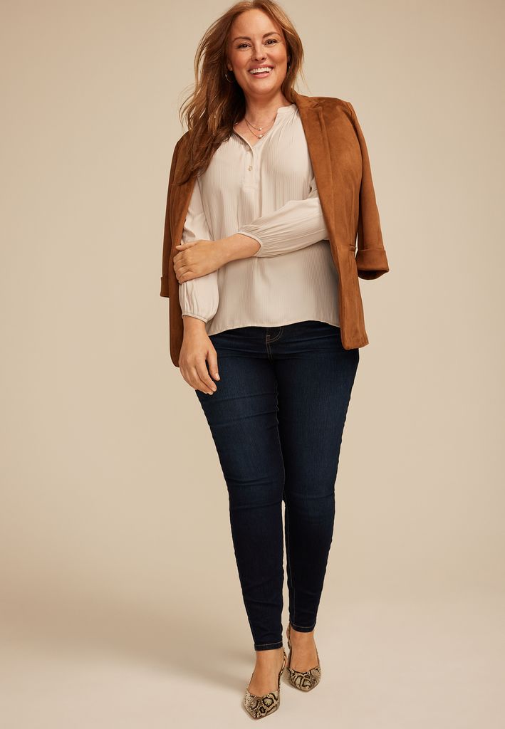 Plus Size Striped Henley V Neck Blouse - Image 3