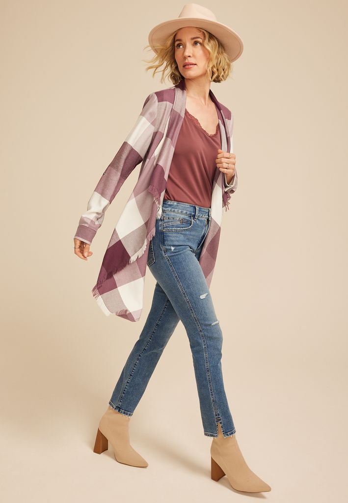 Plaid Open Front Waterfall Cardigan - Image 3