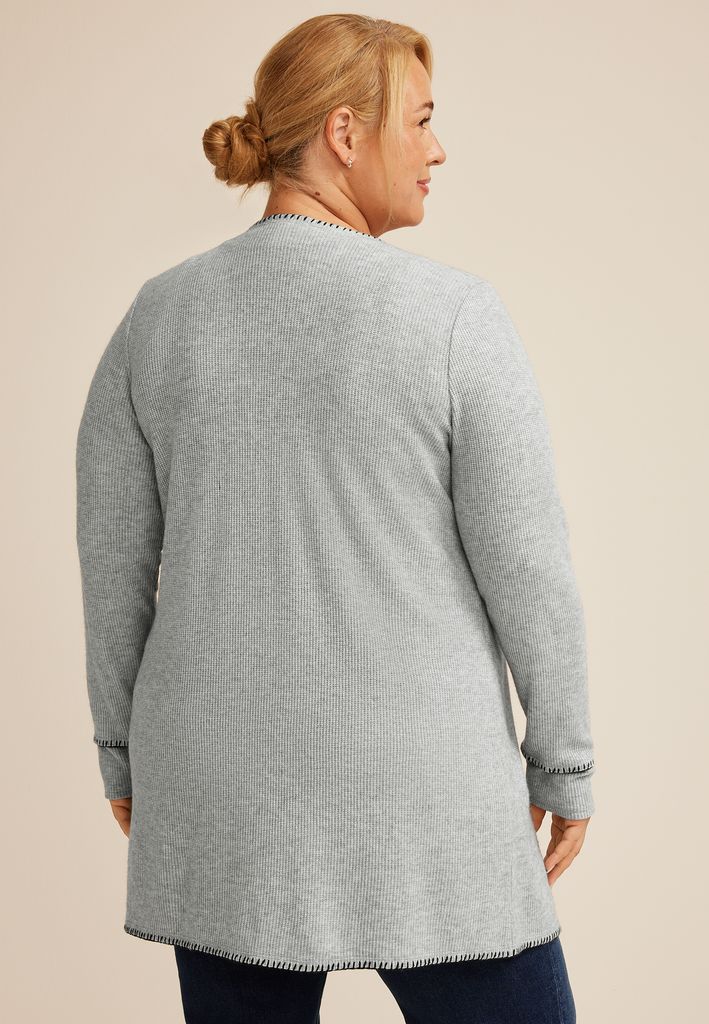 Plus Size Whipstitch Trim Open Front Cardigan - Image 2