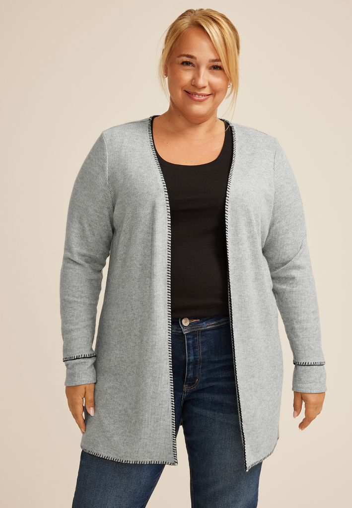 Plus Size Whipstitch Trim Open Front Cardigan - Image 3