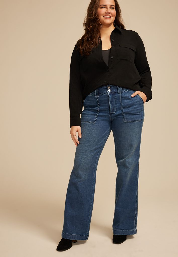 Plus Size Everflex™ Dark High Rise Patch Pocket Flare Jean - Image 3