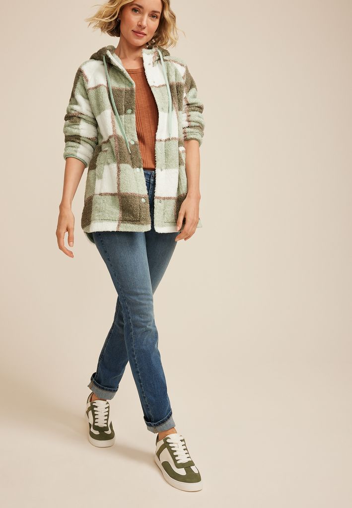 Sherpa Plaid Hooded Snap Button Front Jacket - Image 3