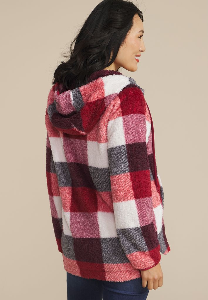 Sherpa Plaid Hooded Snap Button Front Jacket - Image 2