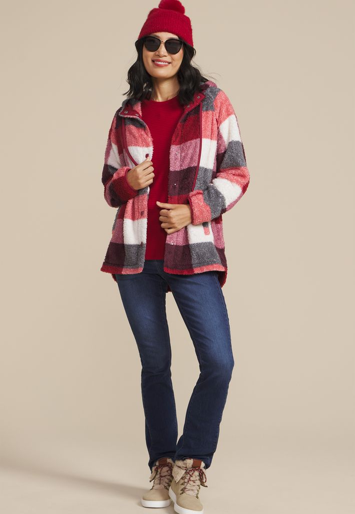 Sherpa Plaid Hooded Snap Button Front Jacket - Image 3