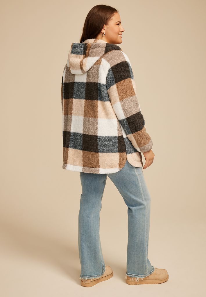 Plus Size Sherpa Plaid Hooded Snap Button Front Jacket - Image 2