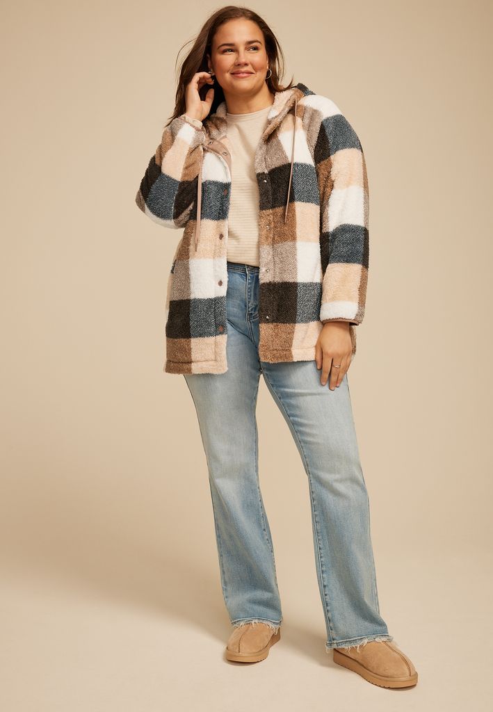 Plus Size Sherpa Plaid Hooded Snap Button Front Jacket - Image 3