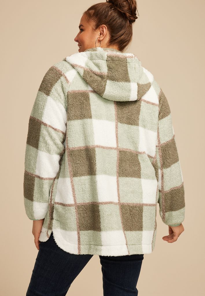 Plus Size Sherpa Plaid Hooded Snap Button Front Jacket - Image 2