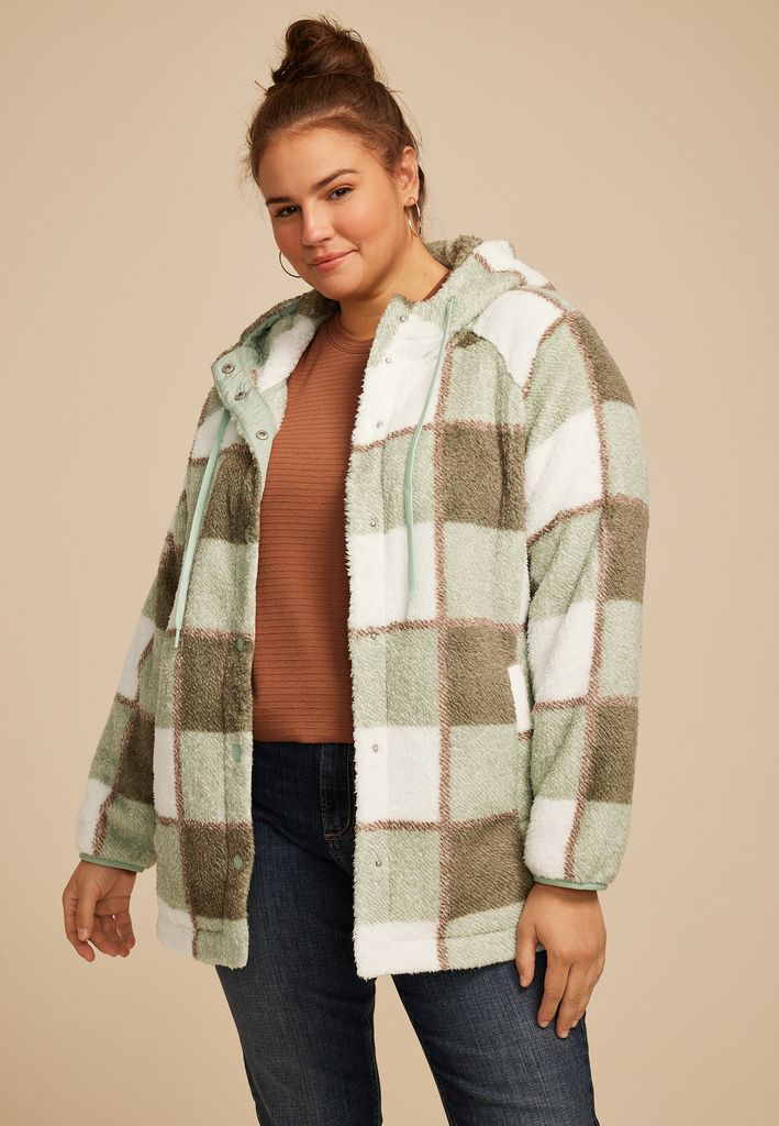 Plus Size Sherpa Plaid Hooded Snap Button Front Jacket - Image 3