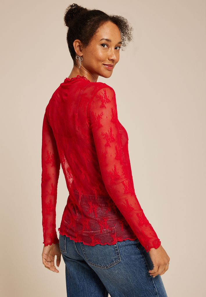 Embroidered Floral Sheer Lace Mock Neck Blouse - Image 2