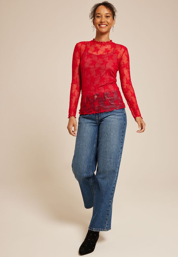Embroidered Floral Sheer Lace Mock Neck Blouse - Image 3