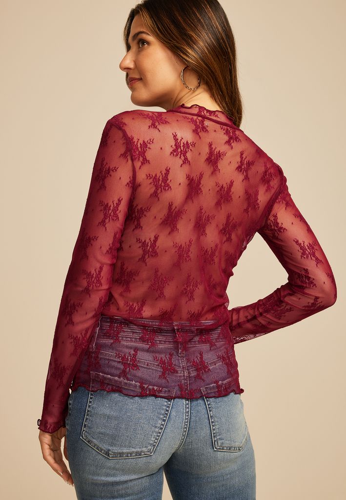 Embroidered Floral Sheer Lace Mock Neck Blouse - Image 2