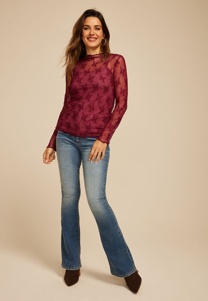 Embroidered Floral Sheer Lace Mock Neck Blouse - Image 3