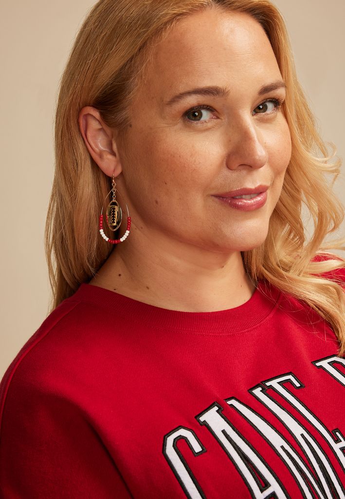 Game Day Maroon And White Beaded Teardrop Earrings - Image 2