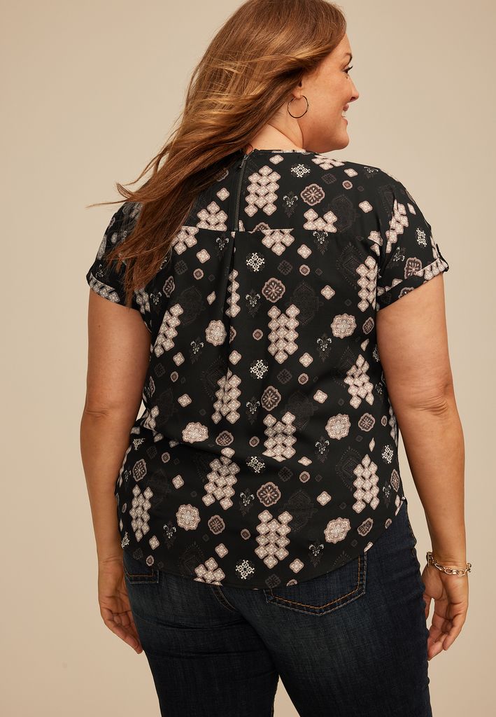 Plus Size Delton Geo Print Zipper Back Blouse - Image 2
