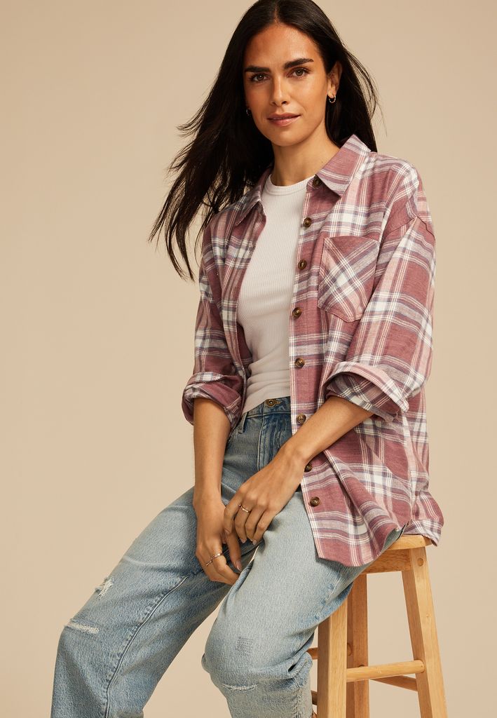 Cabin Plaid Boyfriend Tunic Button Down Shirt - Image 3
