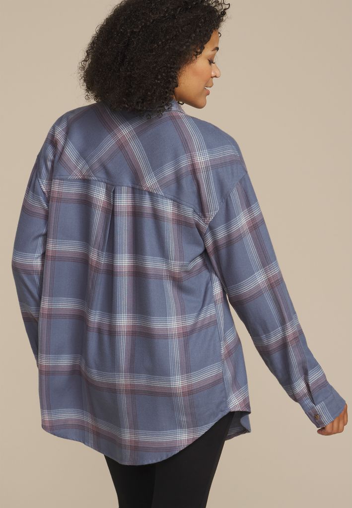 Plaid Boyfriend Tunic Button Down Shirt - Image 2