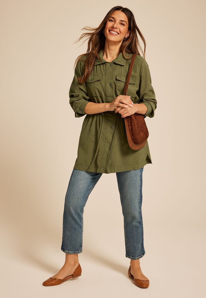 Olive Twill Cinched Waist Jacket - Image 3