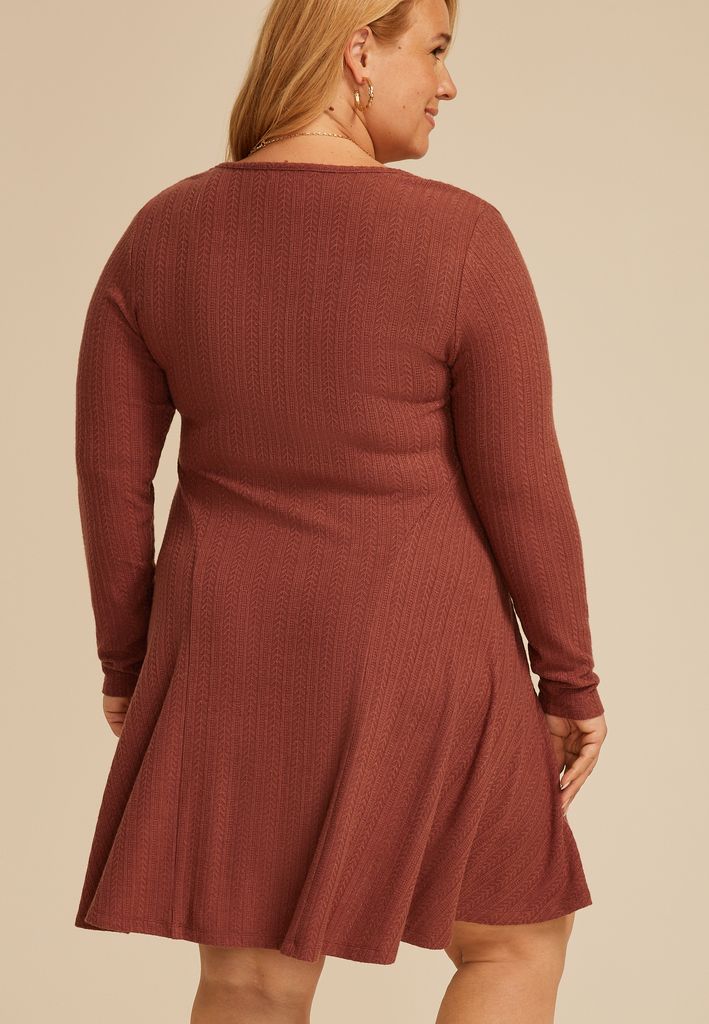 Plus Size 24/7 Textured Knit V Neck Skater Dress - Image 2